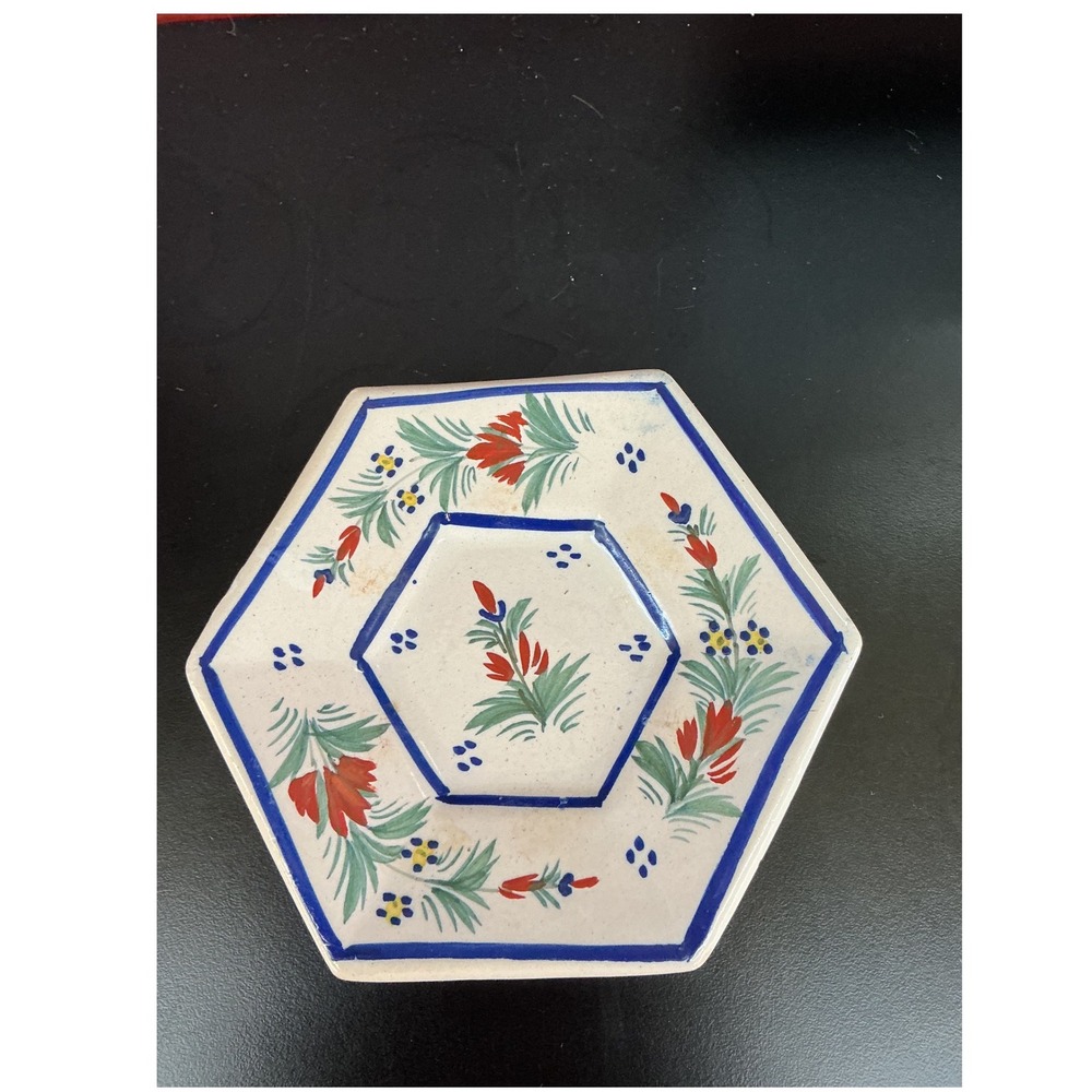 HenRiot Quimper France Hexagonal Floral Ceramic Plate Hand Painted French